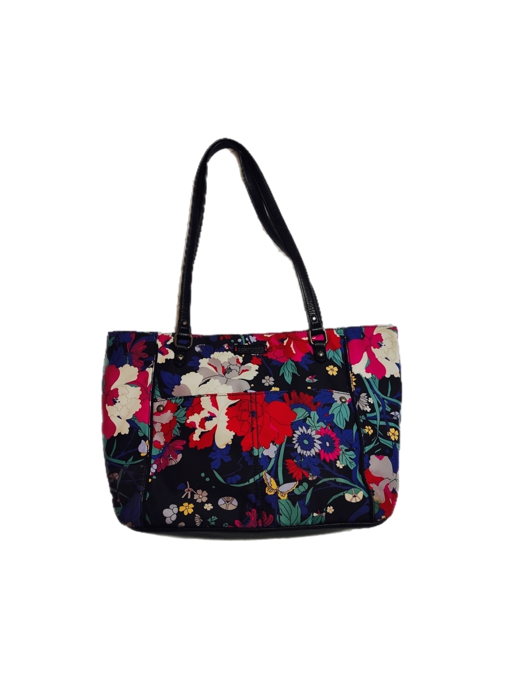 Sakroots Metro Tote Black Floral Print Shoulder Bag Travel Carryall